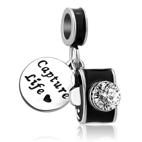 Sterling Silver Capture Life Black Enamel CZ Camera Dangle Charm - Sterling Silver Capture Life Black Enamel CZ Camera Dangle Charm