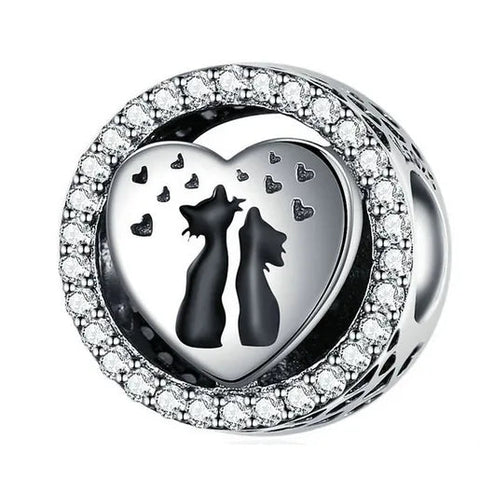 Sterling Silver Cat Couples Love Heart Charm