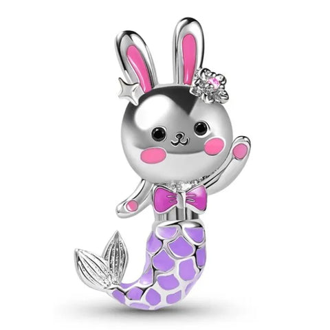 Sterling Silver Cute Bunny Mermaid Bead Charm - Sterling Silver Cute Bunny Mermaid Bead Charm