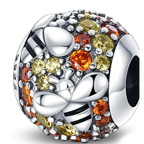 Sterling Silver CZ Bee Round Charm - Sterling Silver CZ Bee Round Charm