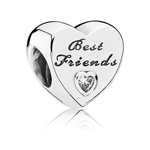 Sterling Silver CZ Best Friends Heart Bead Charm - Sterling Silver CZ Best Friends Heart Bead Charm