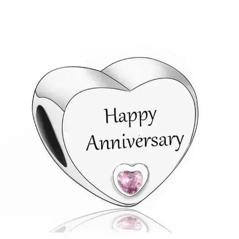 Sterling Silver CZ Happy Anniversary Engraved Heart Bead Charm