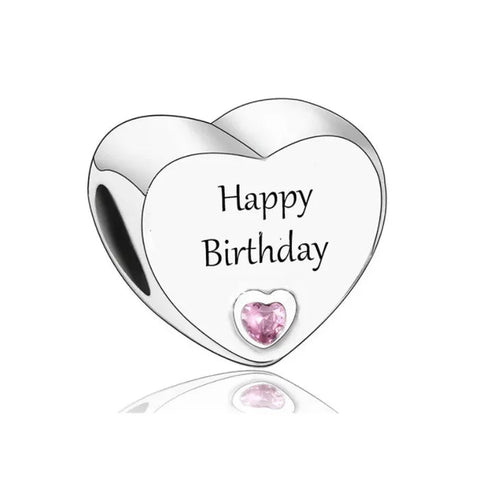 Sterling Silver CZ Happy Birthday Engraved Heart Bead Charm - Sterling Silver CZ Happy Birthday Engraved Heart Bead Charm