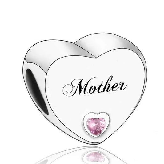  Sterling Silver CZ Mother Engraved Heart Bead Charm