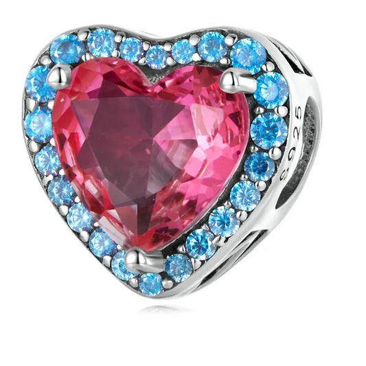  Sterling Silver CZ Red & Blue Heart Charm