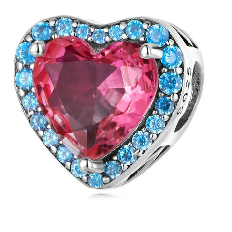 Sterling Silver CZ Red & Blue Heart Charm
