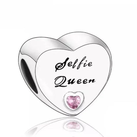 Sterling Silver CZ Selfie Queen Engraved Heart Bead Charm