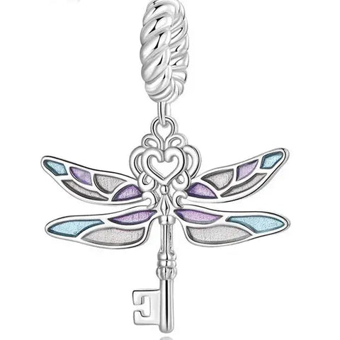 Sterling Silver Dainty Dragonfly Key Dangle Charm - Sterling Silver Dainty Dragonfly Key Dangle Charm