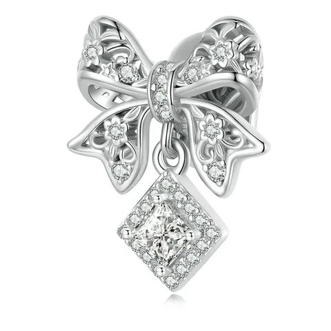 Sterling Silver Dainty Lace Bow Dangle Charm - Sterling Silver Dainty Lace Bow Dangle Charm