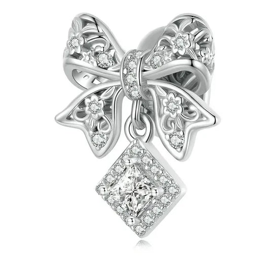  Sterling Silver Dainty Lace Bow Dangle Charm