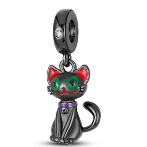 Sterling Silver Enamel Black Cat Dangle Charm - Sterling Silver Enamel Black Cat Dangle Charm