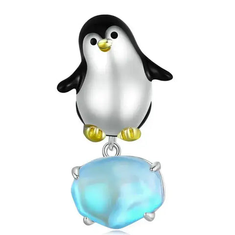  Sterling Silver Enamel Penguin & Blue Crystal Dangle Charm