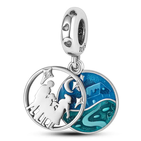 Sterling Silver Family Blue Enamel House Dangle Charm - Sterling Silver Family Blue Enamel House Dangle Charm
