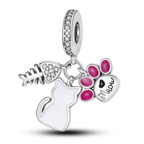  Sterling Silver Fish & Cat Dangle Charm