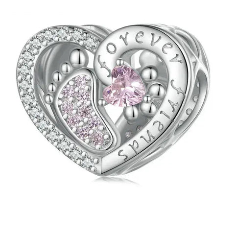 Sterling Silver Forever Friends Baby Foot Heart Charm - Sterling Silver Forever Friends Baby Foot Heart Charm