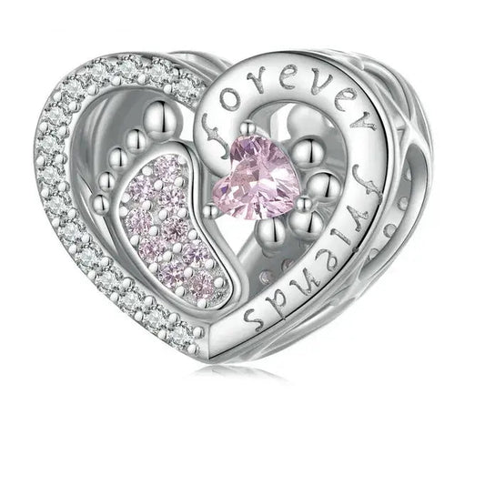Sterling Silver Forever Friends Baby Foot Heart Charm