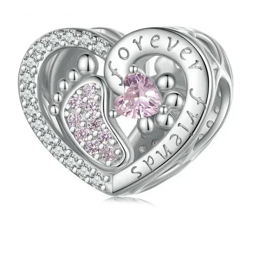  Sterling Silver Forever Friends Baby Foot Heart Charm