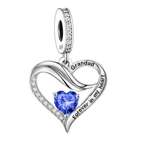 Sterling Silver Grand Dad Blue CZ Heart Dangle Charm - Sterling Silver Grand Dad Blue CZ Heart Dangle Charm