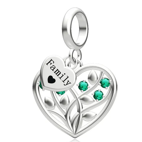 Sterling Silver Green CZ Family Heart Dangle Charm - Sterling Silver Green CZ Family Heart Dangle Charm