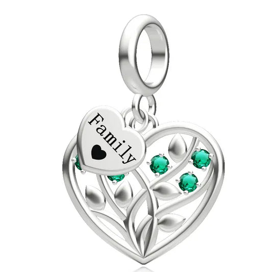  Sterling Silver Green CZ Family Heart Dangle Charm