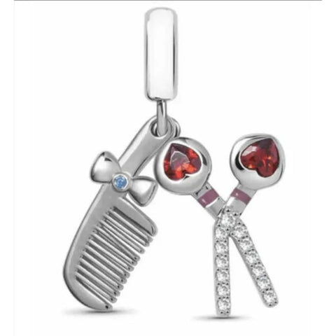 Sterling Silver Hairdresser Comb and CZ Scissor Dangle Charm - Sterling Silver Hairdresser Comb and CZ Scissor Dangle Charm