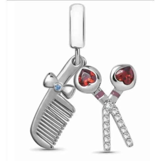 Sterling Silver Hairdresser Comb and CZ Scissor Dangle Charm