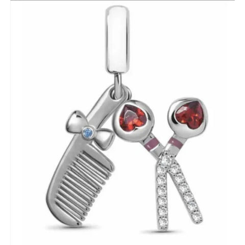 Sterling Silver Hairdresser Comb and CZ Scissor Dangle Charm - Sterling Silver Hairdresser Comb and CZ Scissor Dangle Charm