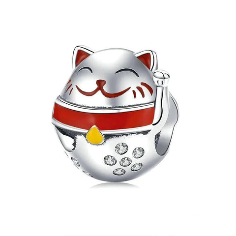 Sterling Silver Japanese Maneki Cat Bead Charm - Sterling Silver Japanese Maneki Cat Bead Charm