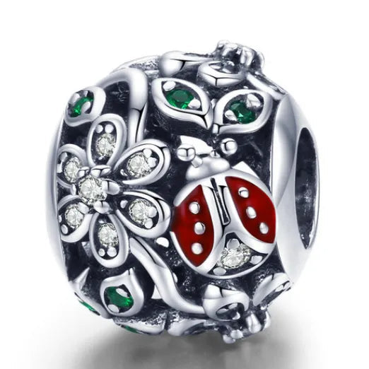 Sterling Silver Lady Bug & Daisy Round Charm