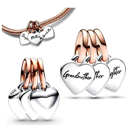 Sterling Silver Mother, Grandmother & Daughter Rose Gold Dangle Charm