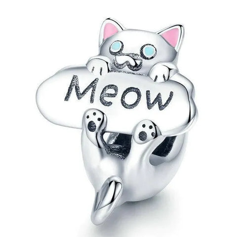 Sterling Silver Naughty Cat Beads Meow Animal Charm - Sterling Silver Naughty Cat Beads Meow Animal Charm