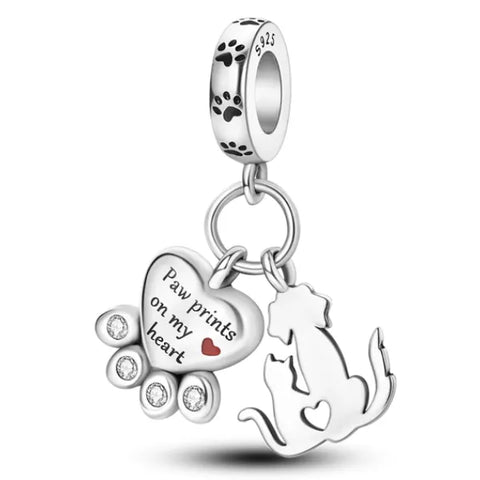 Sterling Silver Paw Prints in My Heart Dangle Charm - Sterling Silver Paw Prints in My Heart Dangle Charm