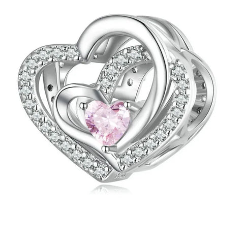 Sterling Silver Pink CZ Hollow Pink Heart Charm - Sterling Silver Pink CZ Hollow Pink Heart Charm