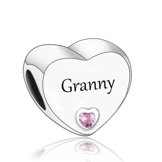 Sterling Silver Pink CZ Granny Engraved Heart Bead Charm