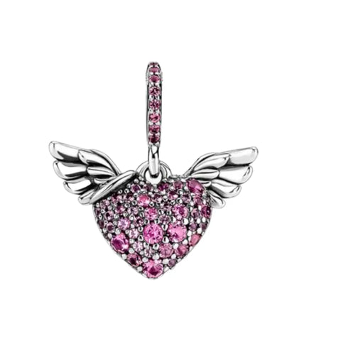 Sterling Silver Pink CZ Heart & Angel Wings Dangle Charm - Sterling Silver Pink CZ Heart & Angel Wings Dangle Charm