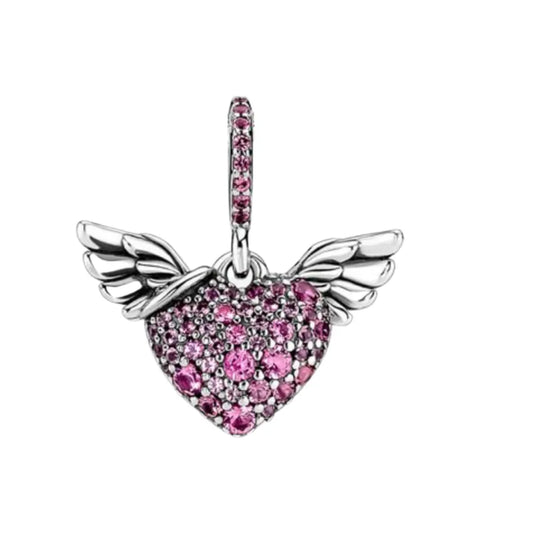  Sterling Silver Pink CZ Heart & Angel Wings Dangle Charm