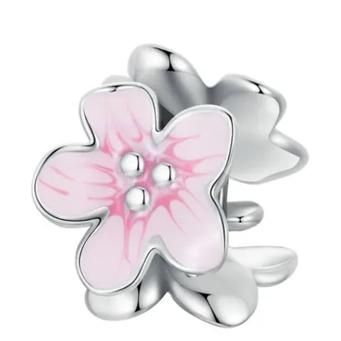 Sterling Silver Pink Flower Spacer Charm - Sterling Silver Pink Flower Spacer Charm