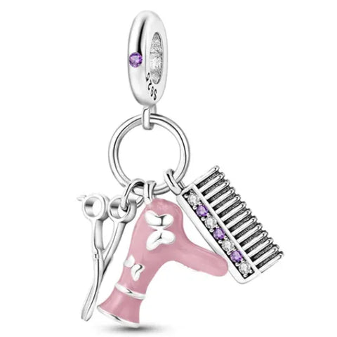 Sterling Silver Pink Hair Dresser Dangle Charm - Sterling Silver Pink Hair Dresser Dangle Charm
