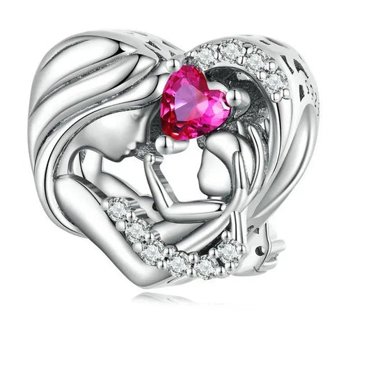 Sterling Silver Pink Zircon Mother-child Affinity Heart Bead Charm