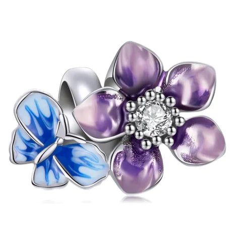 Sterling Silver Purple Flower & Blue Butterfly Spacer Charm - Sterling Silver Purple Flower & Blue Butterfly Spacer Charm