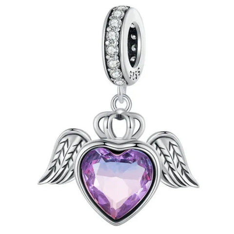 Sterling Silver Purple Heart with Wings Dangle Charm - Sterling Silver Purple Heart with Wings Dangle Charm