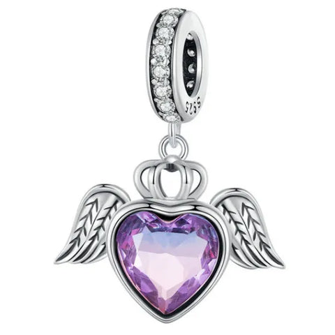  Sterling Silver Purple Heart with Wings Dangle Charm