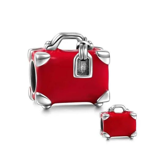  Sterling Silver Red Enamel Travel Suitcase Bead Charm