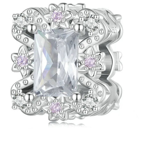 Sterling Silver Rococo Bead Pink Squre Zircon Flower Charm