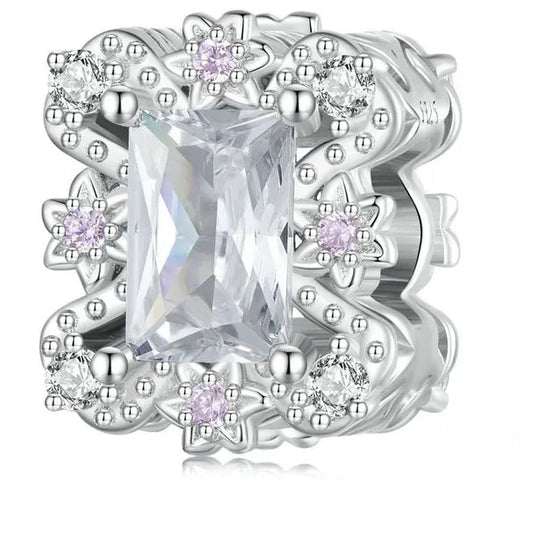 Sterling Silver Rococo Bead Pink Squre Zircon Flower Charm