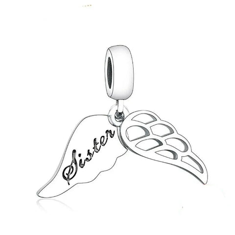 Sterling Silver Sister Engraved Angel Wings Dangle Charm - Sterling Silver Sister Engraved Angel Wings Dangle Charm