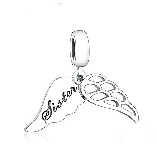 Sterling Silver Sister Engraved Angel Wings Dangle Charm