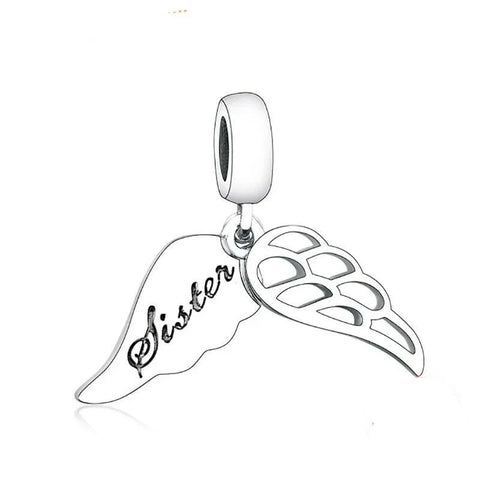 Sterling Silver Sister Engraved Angel Wings Dangle Charm - Sterling Silver Sister Engraved Angel Wings Dangle Charm