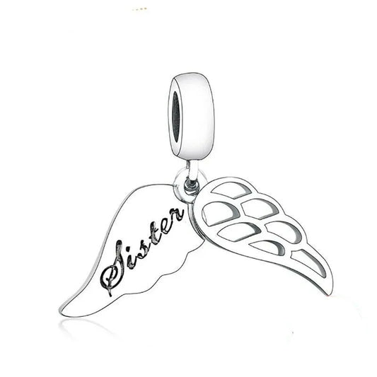  Sterling Silver Sister Engraved Angel Wings Dangle Charm