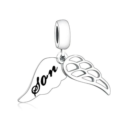 Sterling Silver Son Engraved Angel Wings Dangle Charm - Sterling Silver Son Engraved Angel Wings Dangle Charm